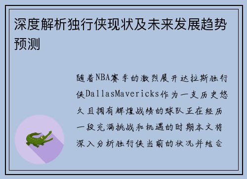 深度解析独行侠现状及未来发展趋势预测 深度解析独行侠现状及未来发展趋势预测