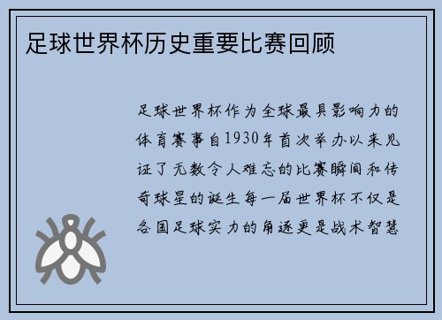 足球世界杯历史重要比赛回顾